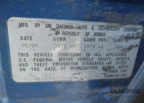 2009 Chevrolet Aveo Lt z USA, uszkodzony, nr VIN KL1TD56E59B337225